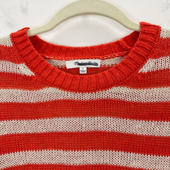 Madewell Linen Drop Shoulder Sweater Bright Flame Striped Nautical Small - Picture 9 of 14